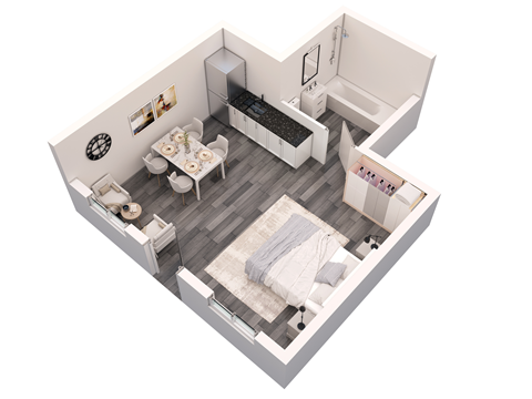 an overhead view of the bedroom and living room